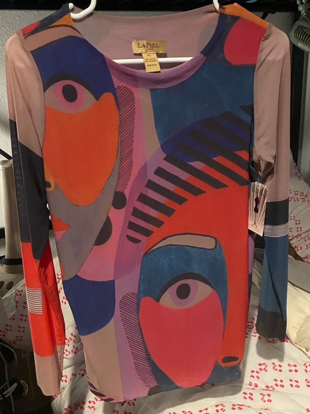 LA PIEL M-L , NWT , Abstract Face Print Long-Sleeve Blouse - Pink, Blue, Orange